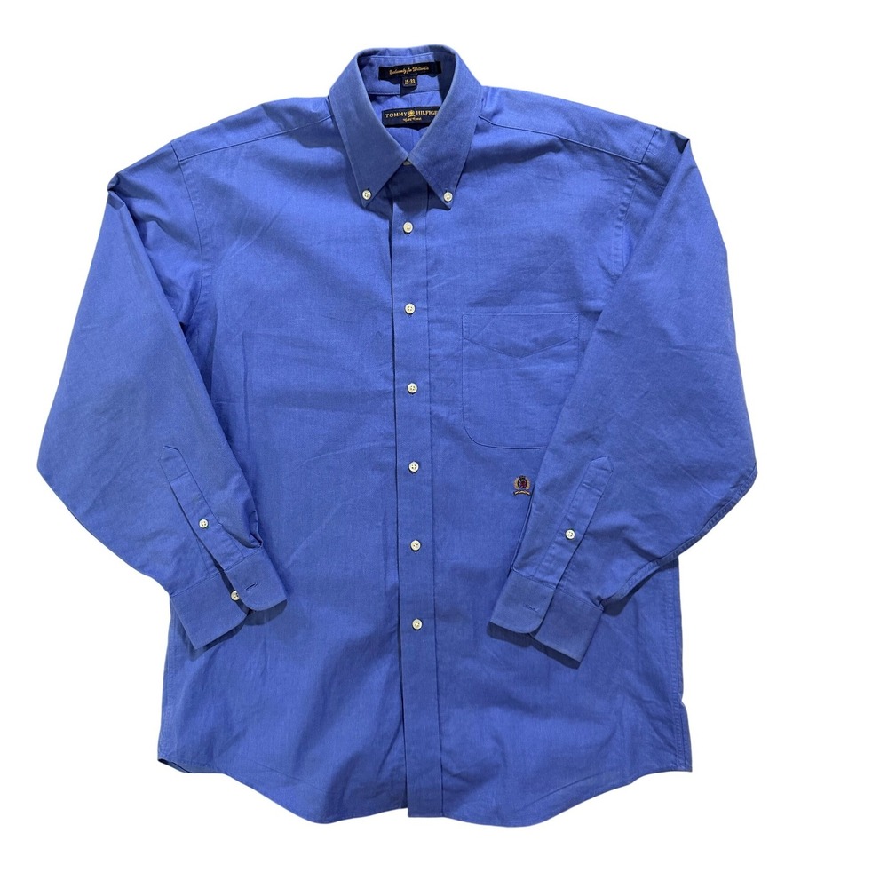 Tommy Hilfiger Gold Crest Button Down Shirt Blue Dress 15-33 Y2K